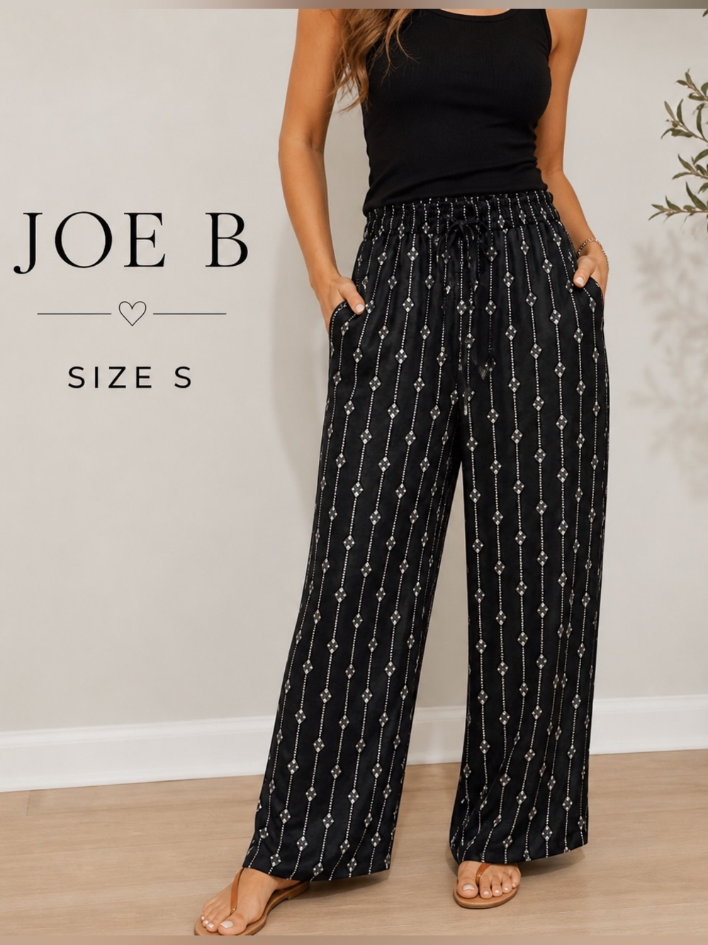 JOE B Black Boho Print Pants Size S Elastic Waist Lightweight